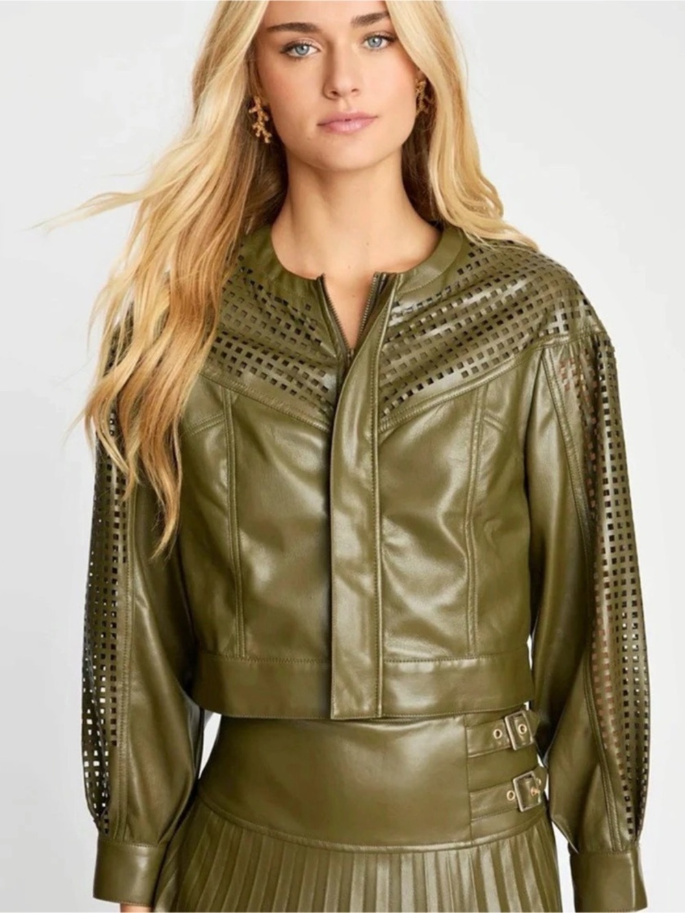 Caballero Perforated Cropped Jacket in Green XS